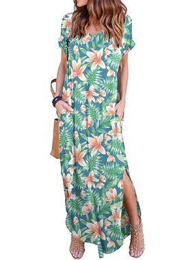 Women's Flower03 Summer Maxi Long Dress Casual Loose Short Sleeve Split Pockets